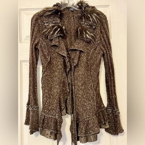 Lisa International Textured Brown Cardigan with Faux Fur Accents